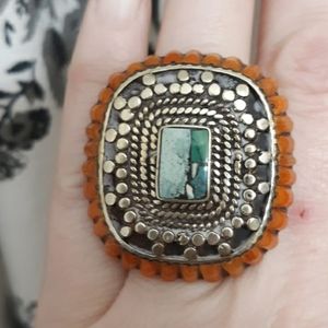 New Mystic Tibetan Coral Silver Statement Ring.